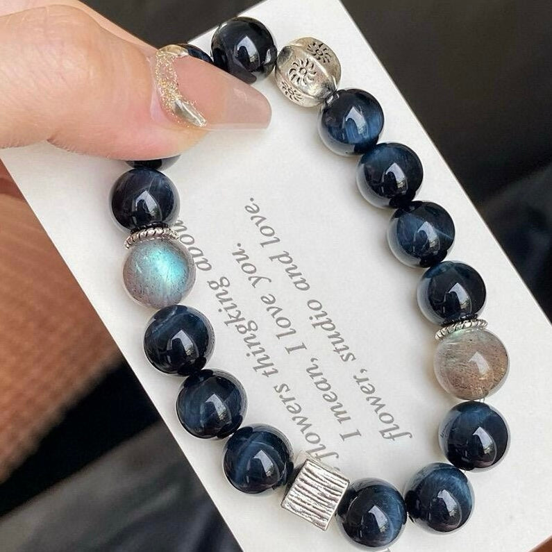 Grey Moonstone Blue Tiger's Eye Pure Silver Bracelet