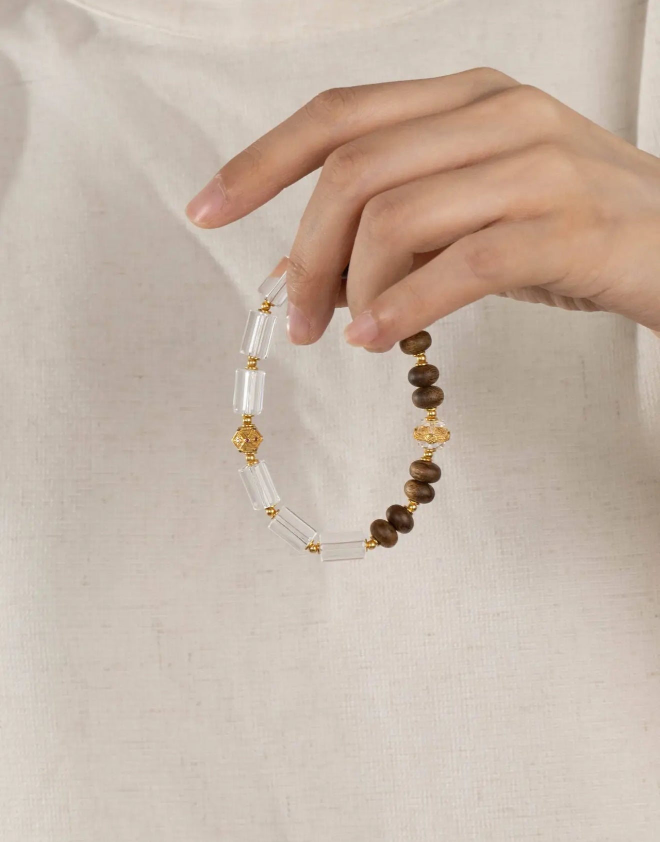 White Crystal & Agarwood Bracelet