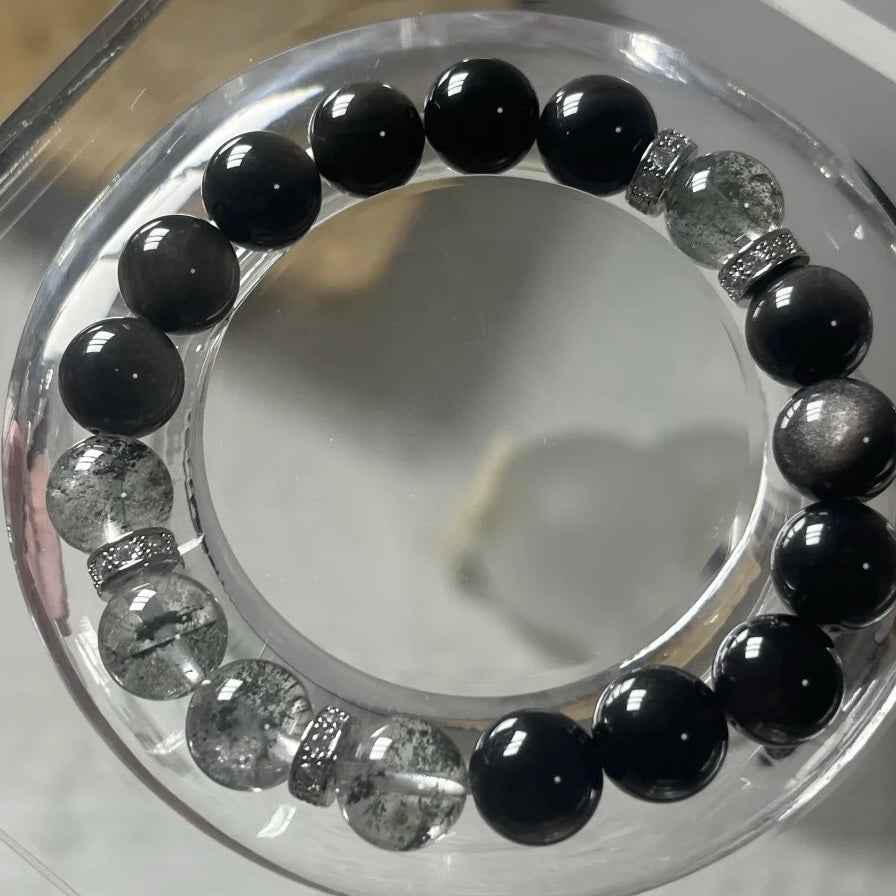 Green Phantom and Silver Obsidian Crystal Bracelet