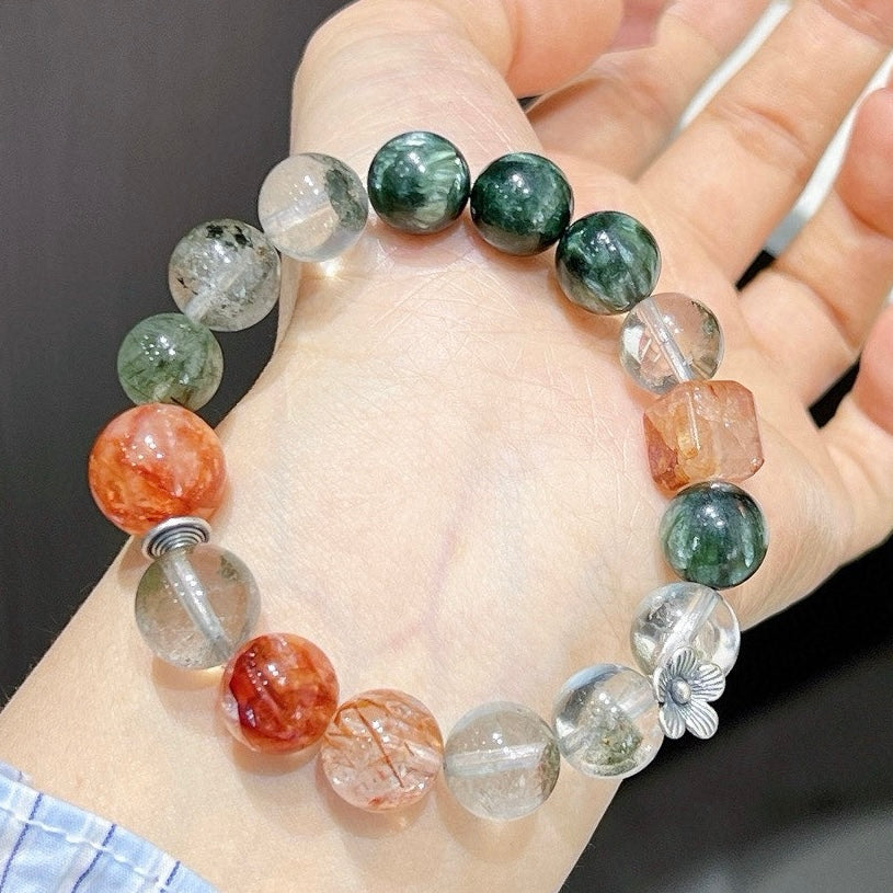 Charoite Green Phantom Green Rutilated Quartz Red Flower Crystal Bracelet