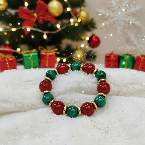 Christmas Malachite & Red Agate Beaded Bracelet