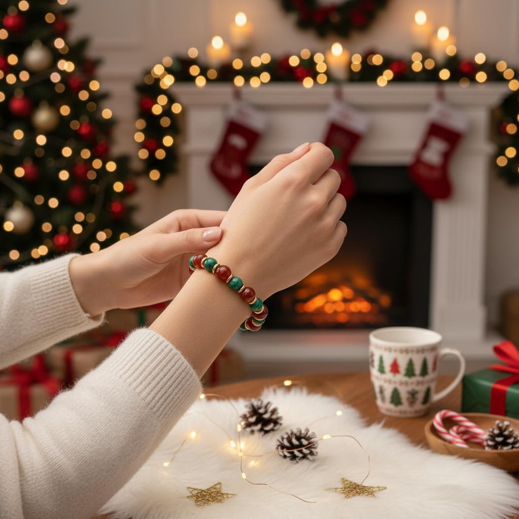 Christmas Malachite & Red Agate Beaded Bracelet
