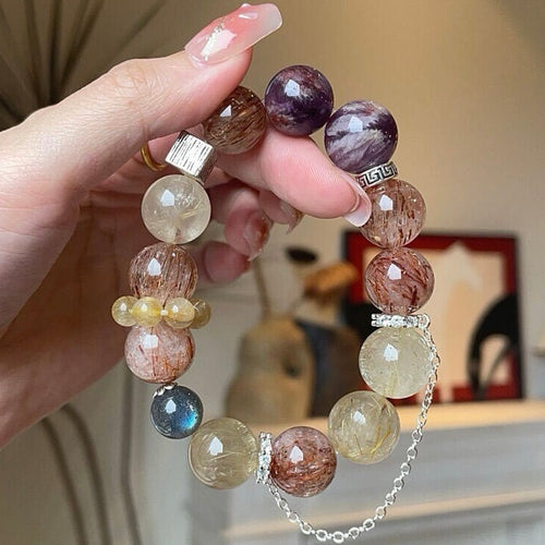 Purple Phantom Rutilated Quartz Grey Moonstone Black Super Seven Crystal Bracelet