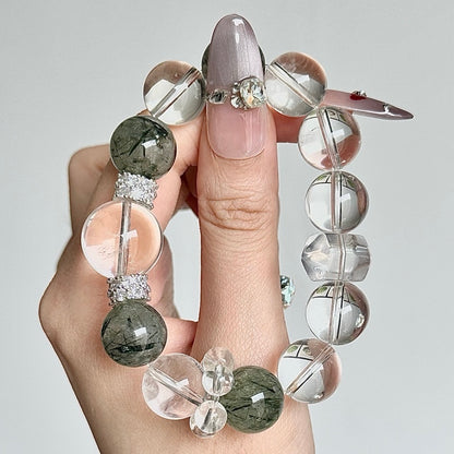 White Crystal and Green Rutilated Quartz Crystal Bracelet