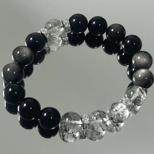 Green Phantom and Silver Obsidian Crystal Bracelet