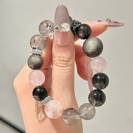 Rose Quartz & Black Rutilated Quartz Crystal Bracelet