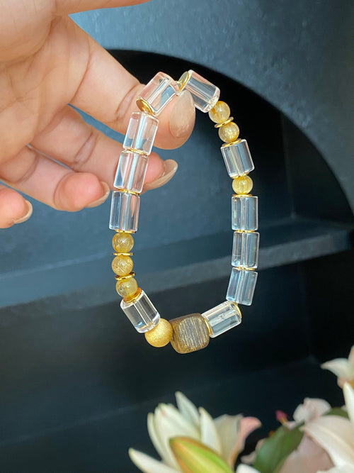 Icy Clear Rutilated Quartz & Agarwood Bracelet