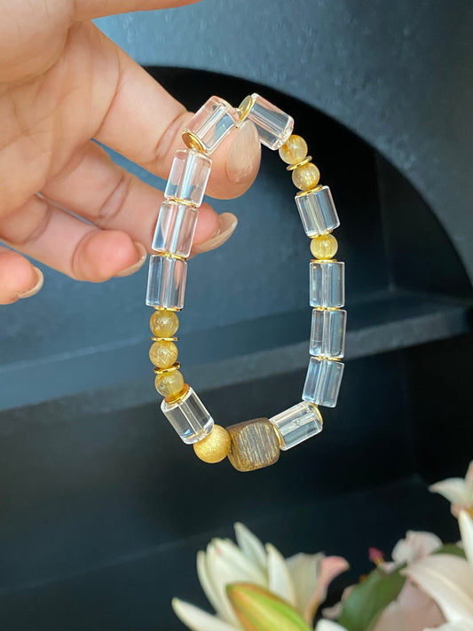 Icy Clear Rutilated Quartz & Agarwood Bracelet