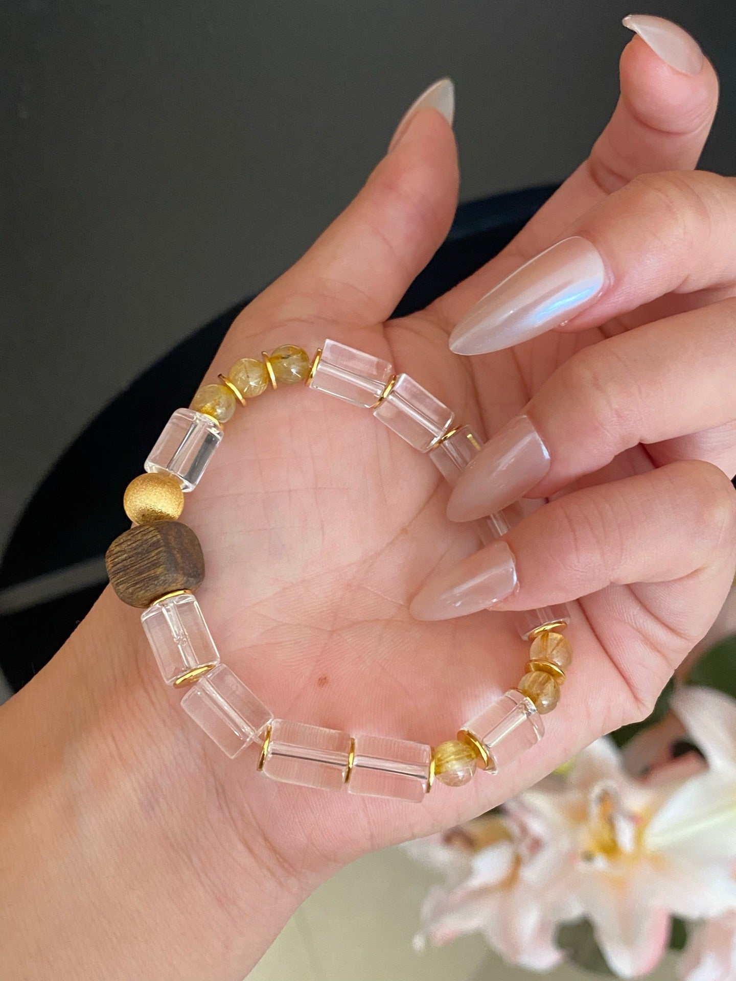 Icy Clear Rutilated Quartz & Agarwood Bracelet