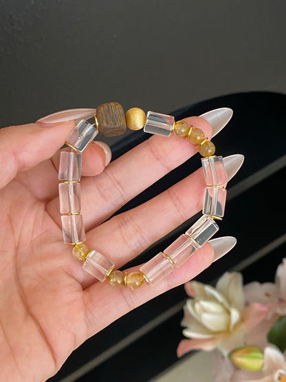 Icy Clear Rutilated Quartz & Agarwood Bracelet