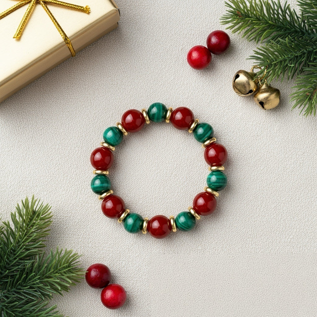Christmas Malachite & Red Agate Beaded Bracelet