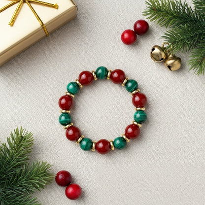 Christmas Malachite & Red Agate Beaded Bracelet