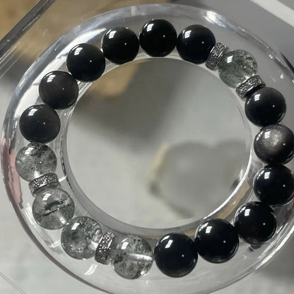 Green Phantom and Silver Obsidian Crystal Bracelet