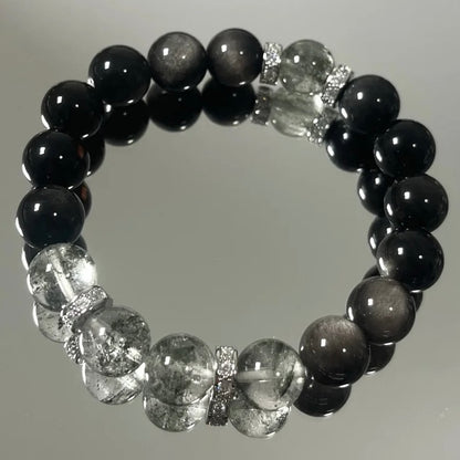 Green Phantom and Silver Obsidian Crystal Bracelet
