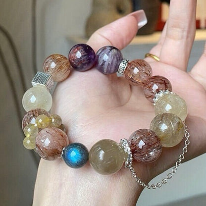 Purple Phantom Rutilated Quartz Grey Moonstone Black Super Seven Crystal Bracelet