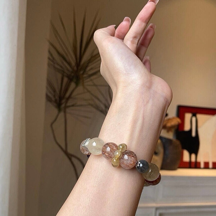 Purple Phantom Rutilated Quartz Grey Moonstone Black Super Seven Crystal Bracelet