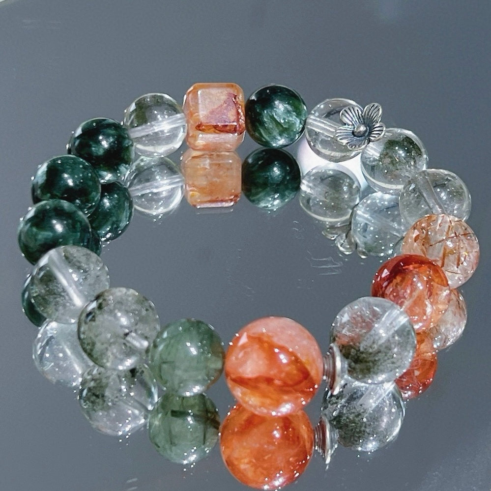 Charoite Green Phantom Green Rutilated Quartz Red Flower Crystal Bracelet