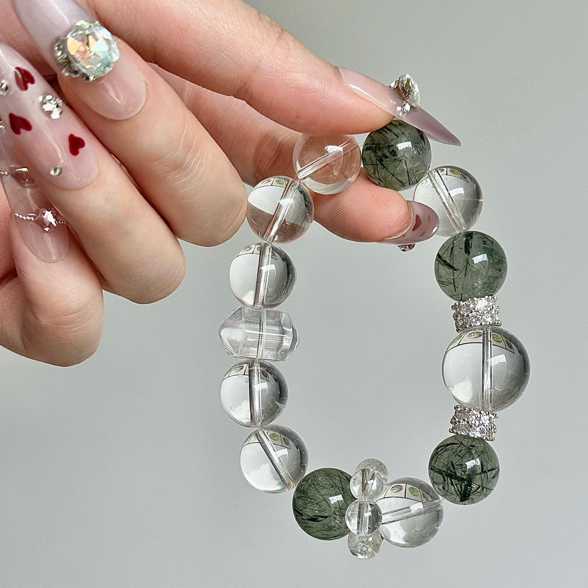 White Crystal and Green Rutilated Quartz Crystal Bracelet