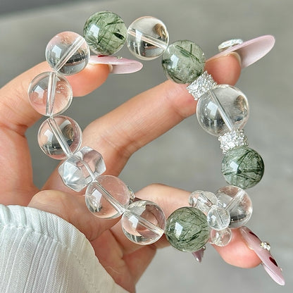 White Crystal and Green Rutilated Quartz Crystal Bracelet