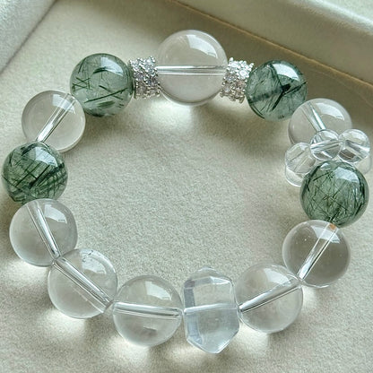 White Crystal and Green Rutilated Quartz Crystal Bracelet