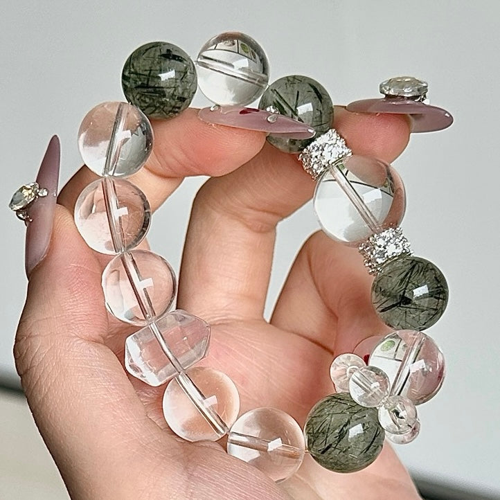 White Crystal and Green Rutilated Quartz Crystal Bracelet