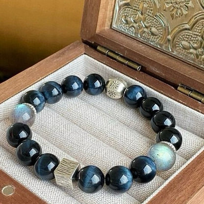 Grey Moonstone Blue Tiger's Eye Pure Silver Bracelet