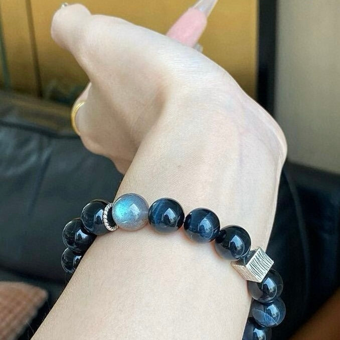 Grey Moonstone Blue Tiger's Eye Pure Silver Bracelet