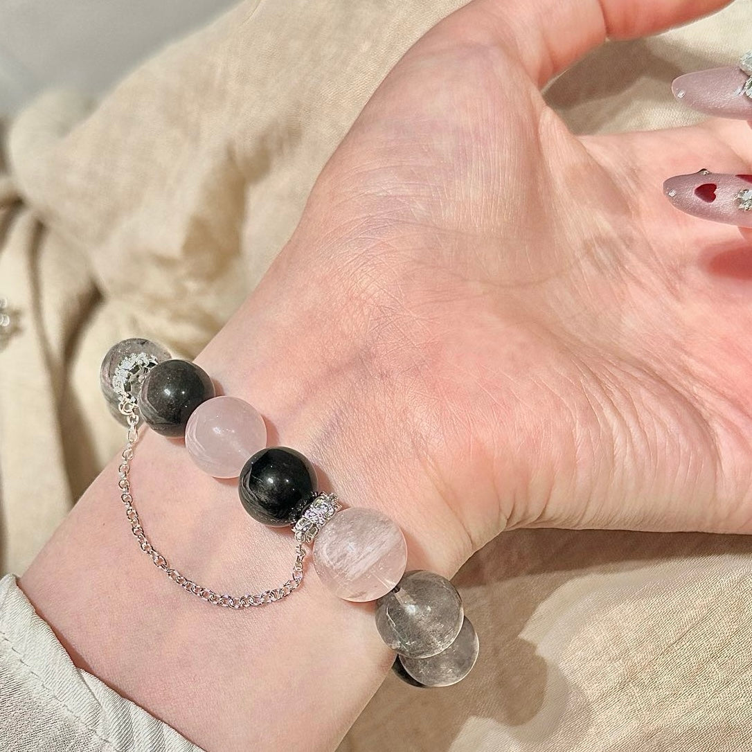 Rose Quartz & Black Rutilated Quartz Crystal Bracelet