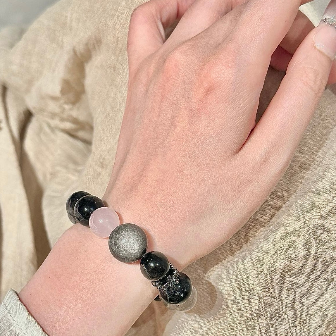 Rose Quartz & Black Rutilated Quartz Crystal Bracelet