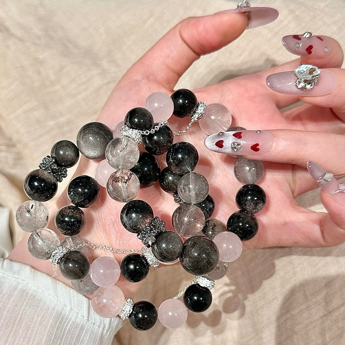 Rose Quartz & Black Rutilated Quartz Crystal Bracelet