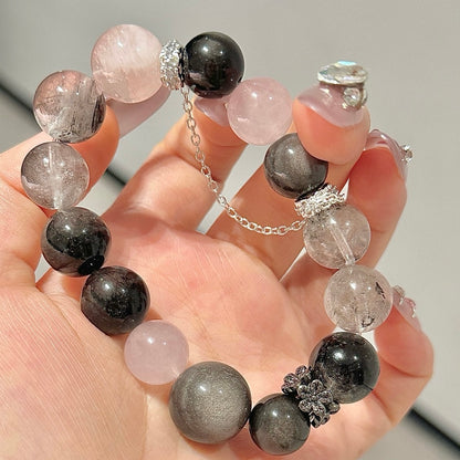 Rose Quartz & Black Rutilated Quartz Crystal Bracelet